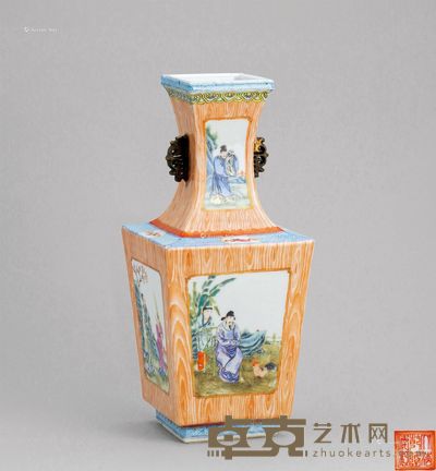 民国 仿木纹釉开光粉彩人物纹双耳瓶 高29.4cm