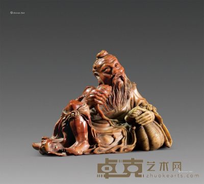 清中期 寿山石雕渔翁座像 高9cm