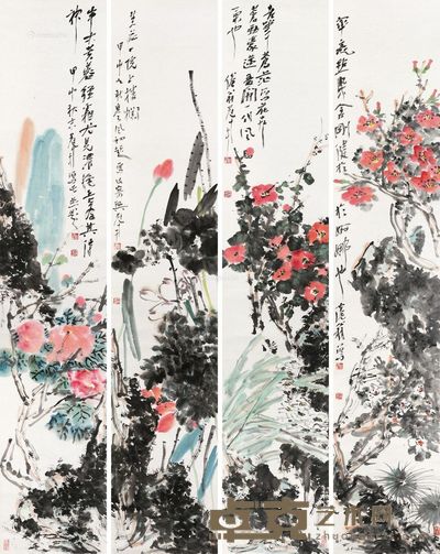 吴冠南 花鸟 180×34cm×4