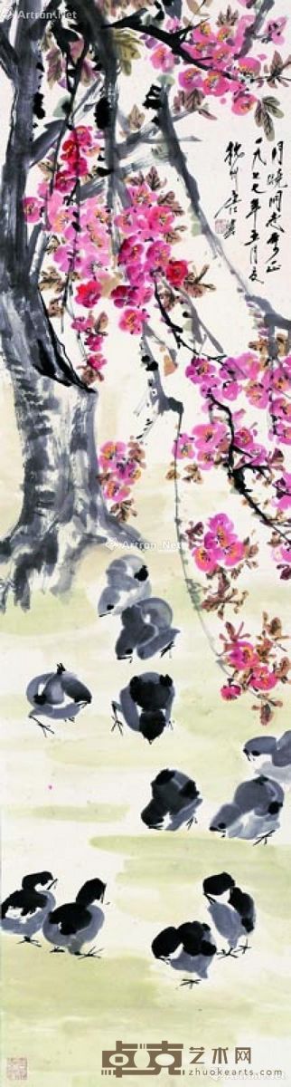 唐云 桃花小鸟 125×34cm