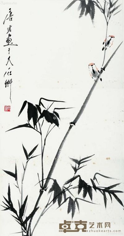 唐云 竹雀图 74×37cm