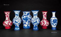 19世纪 白料地套蓝和套红花瓶 （一组六件）