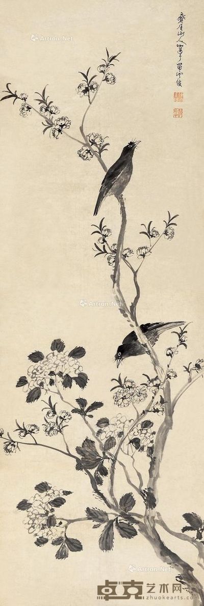 陈率祖 桃花集禽 118×40cm