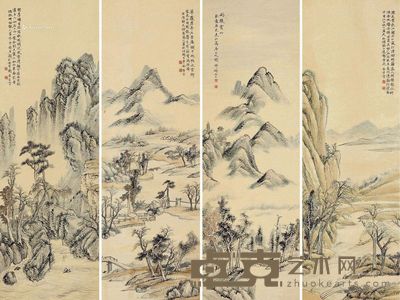 吴杏芬 溪山图 140×46cm×4