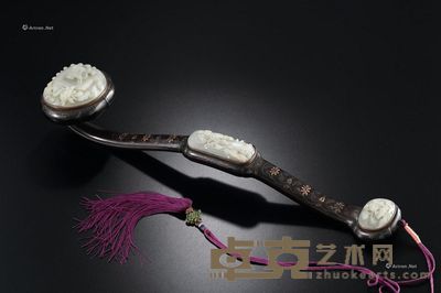 清乾隆 紫檀三镶白玉错金银如意 长47cm