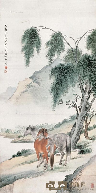 马晋 柳荫双骏 84.5×42cm