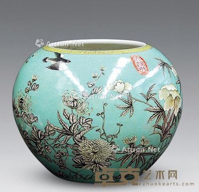 大雅斋轧道绿地墨彩花鸟卷口缸 高34×34cm