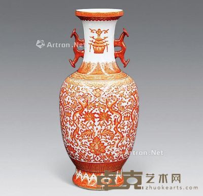 清乾隆 梵红釉描金花卉双耳瓶 高42cm