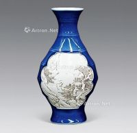 民国 蓝釉白釉浮雕双面人物瓶