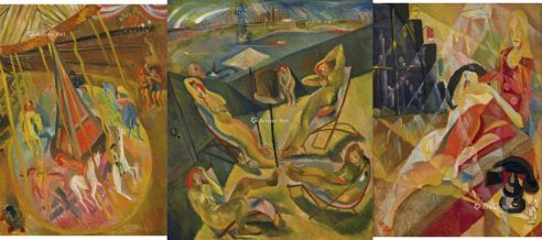 朱沅芷 1932年作 旋转木马；日光浴者；现代公寓（三联作） 油画画布裱于纸板