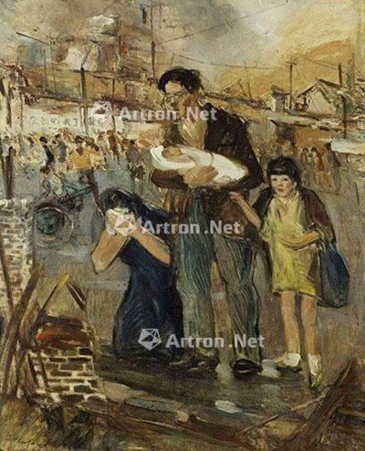 常书鸿 约1938至1942年作 重庆大轰炸 油画画布