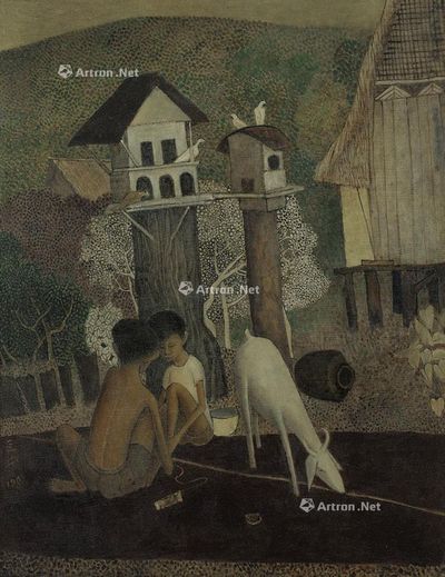 钟泗滨 马来男孩与山羊 油画画布