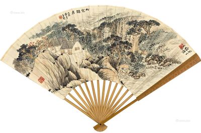 1940年作 秋林高士 楷书 成扇 设色纸本