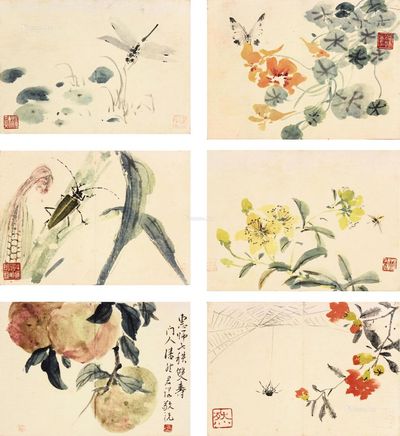 1964年作 花卉草虫 册 （十二开） 设色纸本