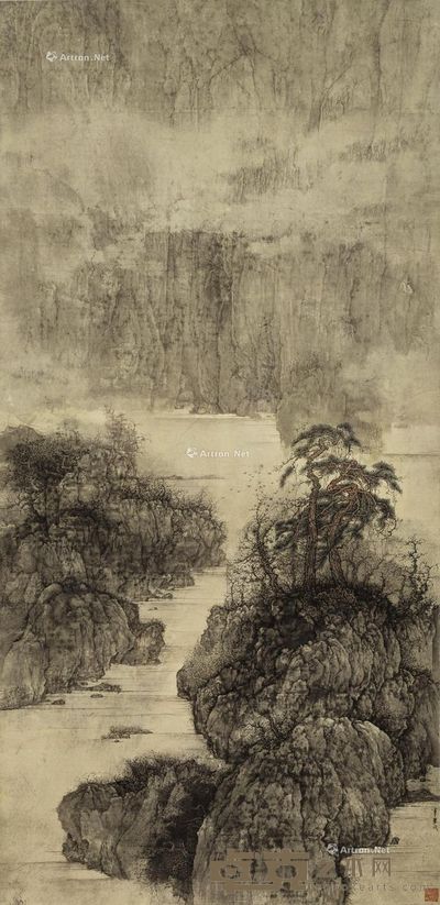 2014年作 石梁飞瀑 镜框 设色纸本 132.5×65cm