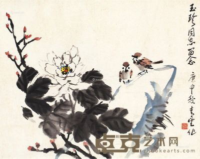 田零 牡丹双雀 53×67cm