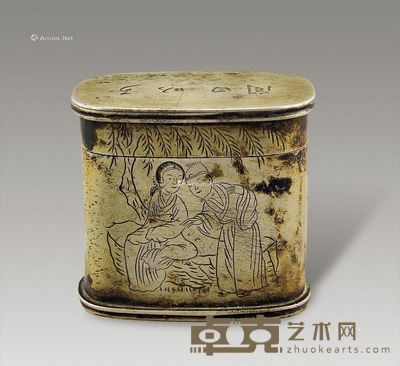 铜刻诗文人物烟盒 高5cm