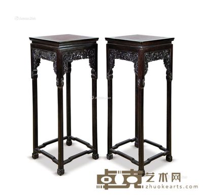 紫檀镶影子木花几 (成对) 39×39×102cm×2