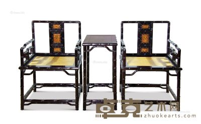 紫檀雕竹节太师椅 （三件套） 椅子60×47×92cm×2；几子48×36×75cm