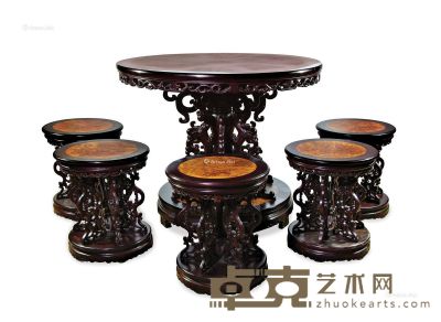 红木镶影子木圆桌 （六件套） 桌子105×105×87cm；凳子43×43×50cm×5