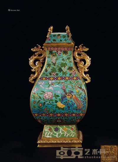 清乾隆 铜胎掐丝珐琅龙凤呈祥方瓶 高56cm