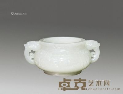 清朝 白玉兽面双耳炉 7×16cm