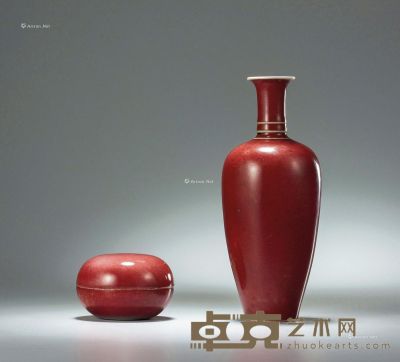 民国 豇豆红釉莱菔尊和印泥盒 （一组） 直径7.8cm；高19.2cm