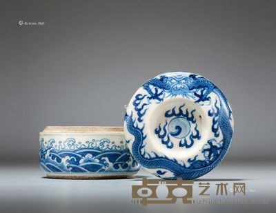 清 浆胎青花海水龙纹印泥盒 直径6.7cm