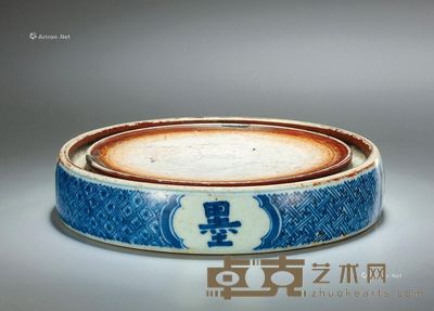 清康熙 青花锦地开光“西园翰墨”文砚台 直径17.3cm