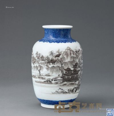 民国 青花墨彩山水人物灯笼瓶 高21.3cm