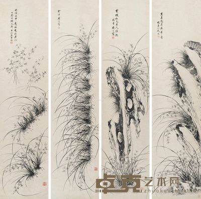 周峻 兰石图 244×59cm×4
