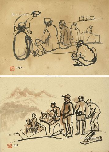 洪瑞麟 1955；1954 上工 矿工速写 水彩纸本