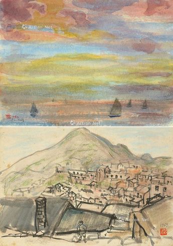 洪瑞麟 1969；1982 朦胧山城 落霞归航 水彩纸本
