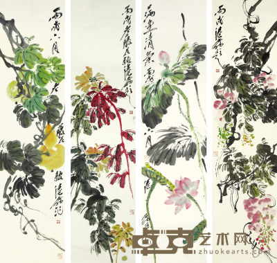吴冠南  花卉四条屏 34×137cm×4 约4.2平尺每幅