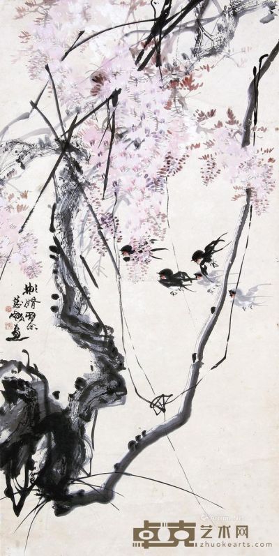 蔡鹤洲 紫藤飞燕 136×69cm