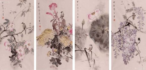 刘文生 花鸟四条屏