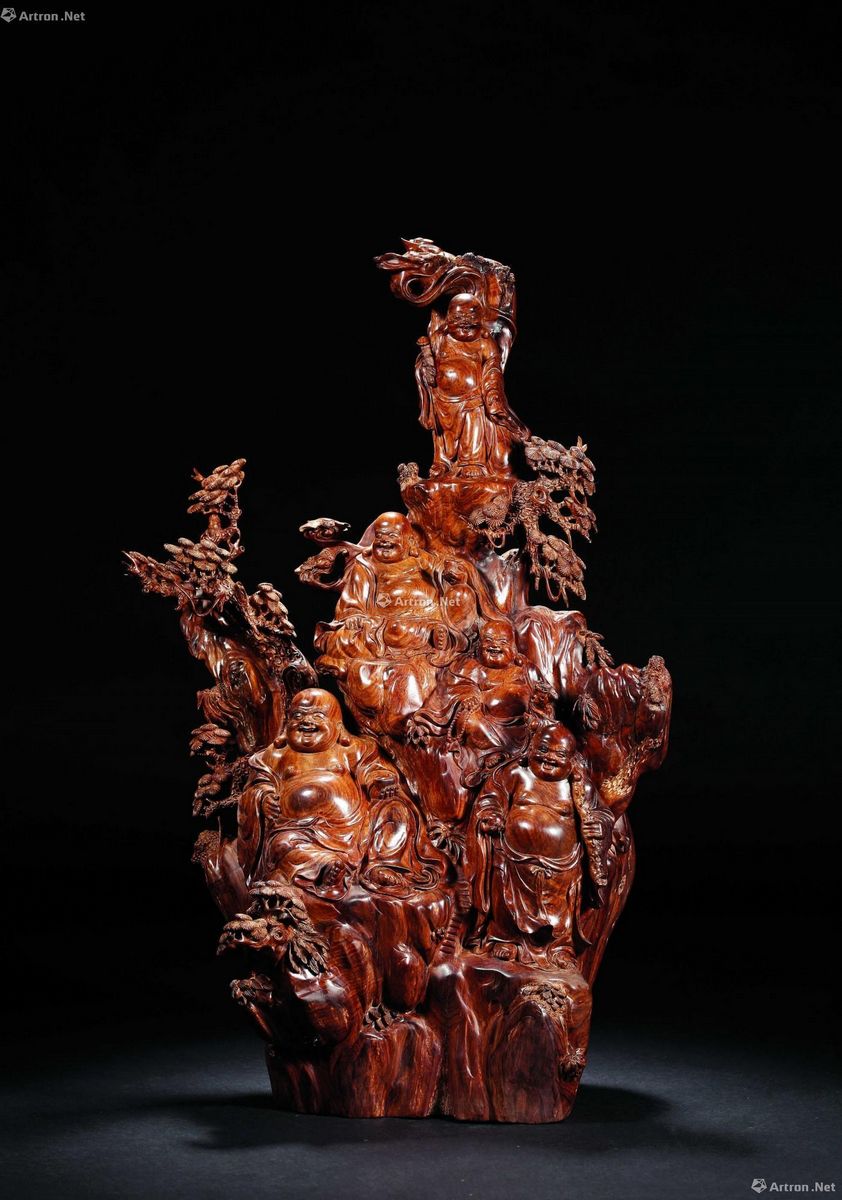 当代 黄花梨木雕五福拜临摆件 62cm×40cm