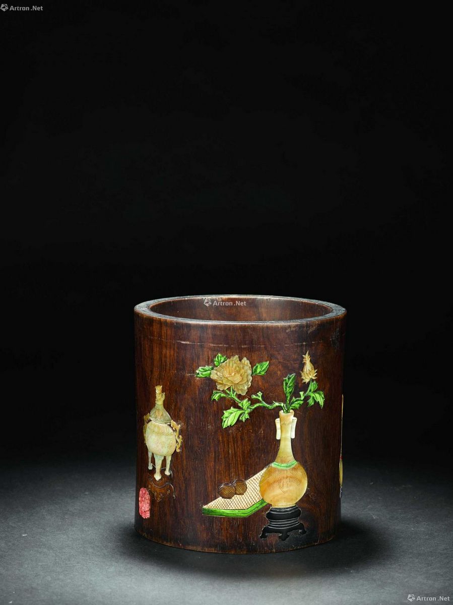 清 黄花梨木百宝嵌博古诗文笔筒 H:21cm
