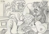 巴布罗·毕卡索 1970年1月13日作 斜卧裸女与男人头像 铅笔 淡水彩 水粉 纸本