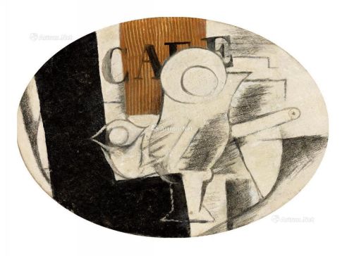 乔治·布拉克  1914年作 咖啡厅中的玻璃杯和烟斗 油彩 沙 碳笔 画布