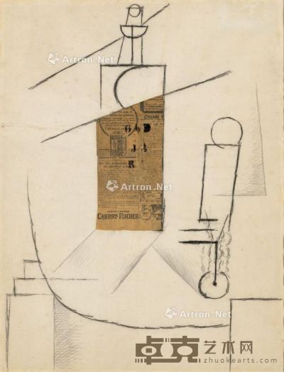 巴布罗·毕卡索 1912年秋冬作 桌上的酒瓶和玻璃杯 拼贴 碳笔 印度墨水 铅笔 纸本 61.6×47cm