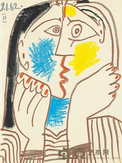巴布罗·毕卡索 1962年1月9日作 双手托头 蜡笔 纸本 32×24cm