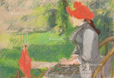 伊娃·冈萨雷斯 约1880-1882年作 在花园里阅读（戴红帽的女子） 粉彩 碳笔 画布 38.3×55.2cm