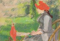 伊娃·冈萨雷斯 约1880-1882年作 在花园里阅读（戴红帽的女子） 粉彩 碳笔 画布