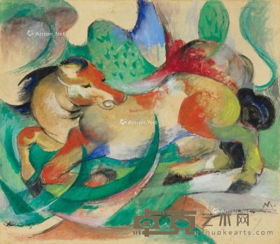 法兰兹．马尔克 1913年作 跳跃的马 水粉 水彩 纸本 裱于画板 39.7×45.7cm