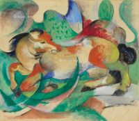法兰兹．马尔克 1913年作 跳跃的马 水粉 水彩 纸本 裱于画板