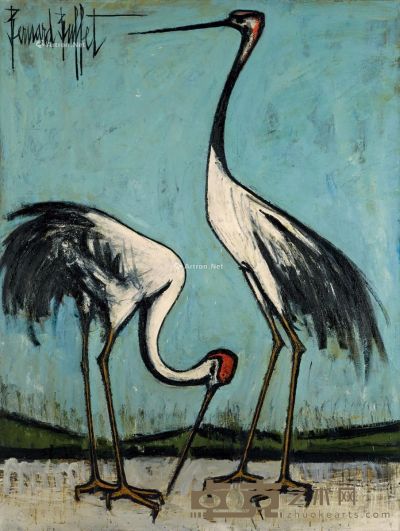 贝尔纳·布菲 约1980-1981年作 两只鸟其中一只正啄食 油彩 画布 200×150.2cm