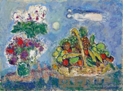马克·夏卡尔 1978-1980年作 水果篮与恋人 油彩 水粉 画布 54.3×73cm