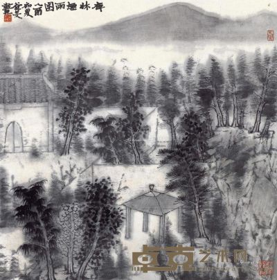 张谷旻 禅林烟雨图 68×68cm