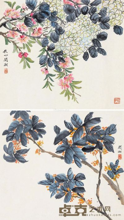 闵湘琴 花卉二种 36×42cm×2